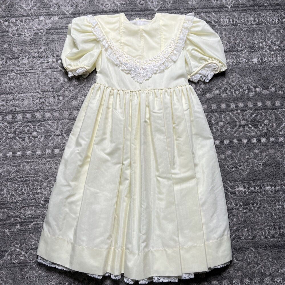 Jayne Copeland Party Dress Girls 10 Butter Yellow Lace Bead Bib Collar Easter